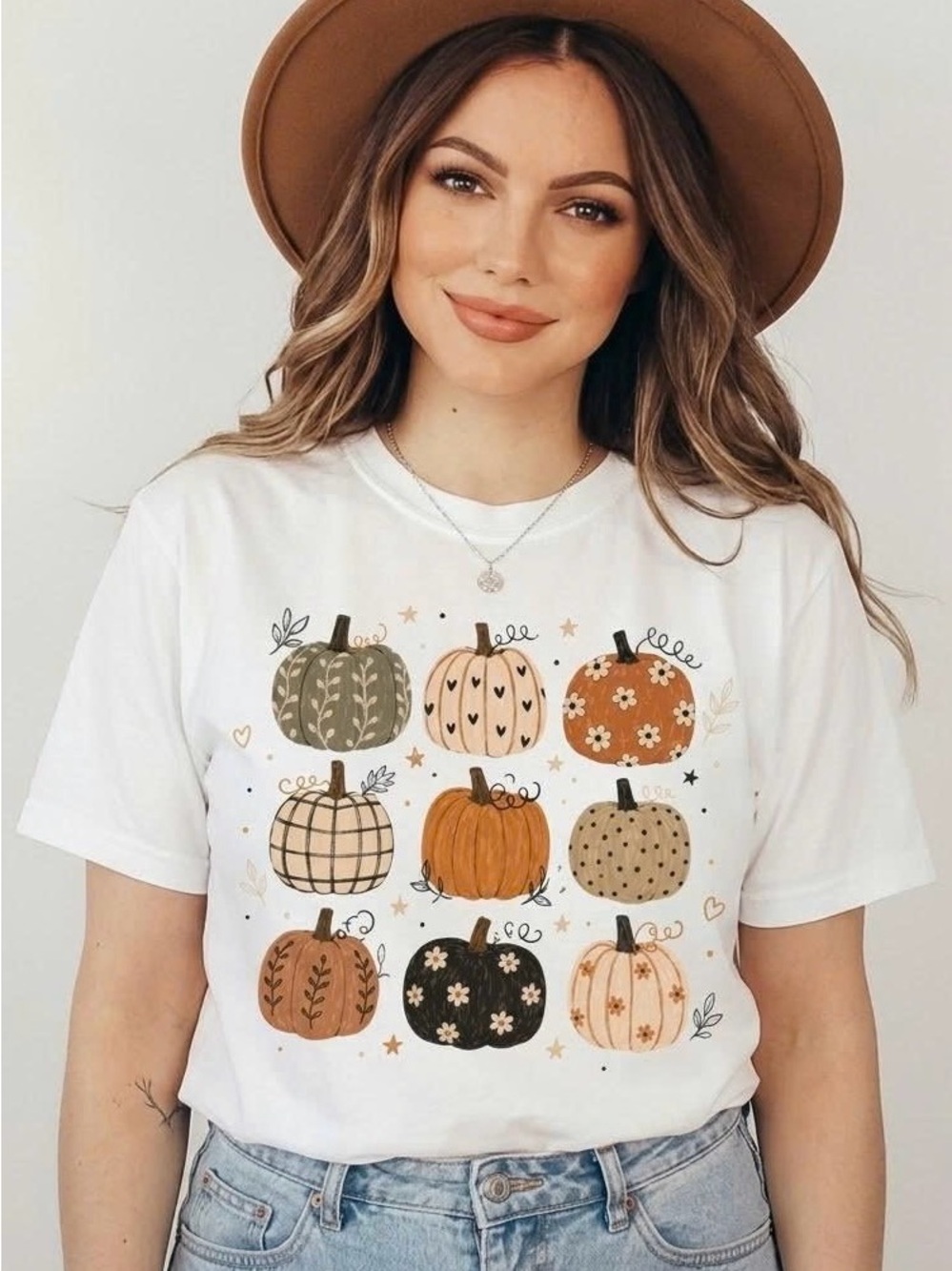 Cute Boho Floral Pumpkin Fall Graphic Tee White Gildan T-Shirt